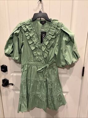 GIGI Green Ruffle Wrap Midi Dress with Puff Sleeves